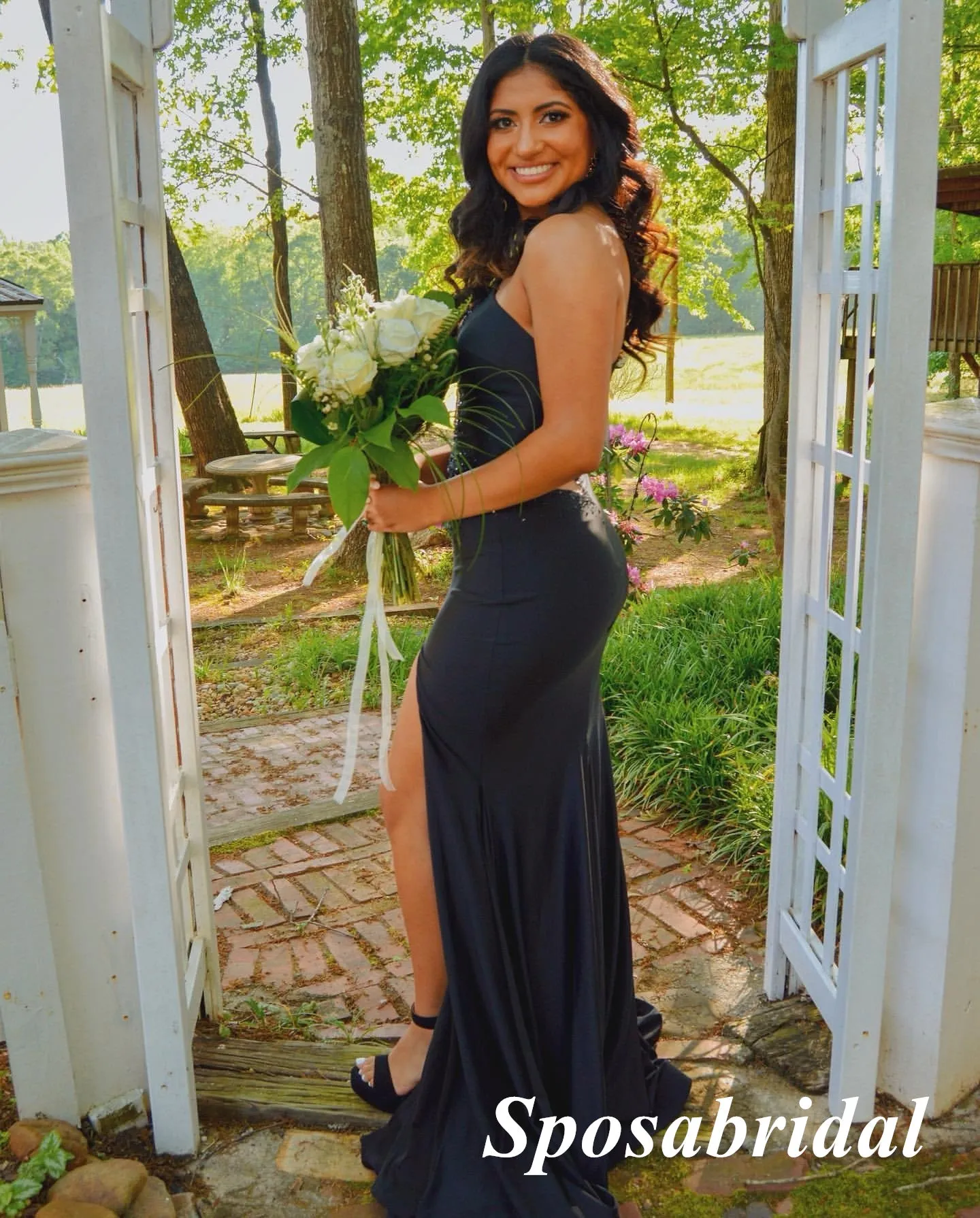 Sexy Black Satin One Shoulder Sleeveless Side Slit Mermaid Long Prom Dresses, PD3925