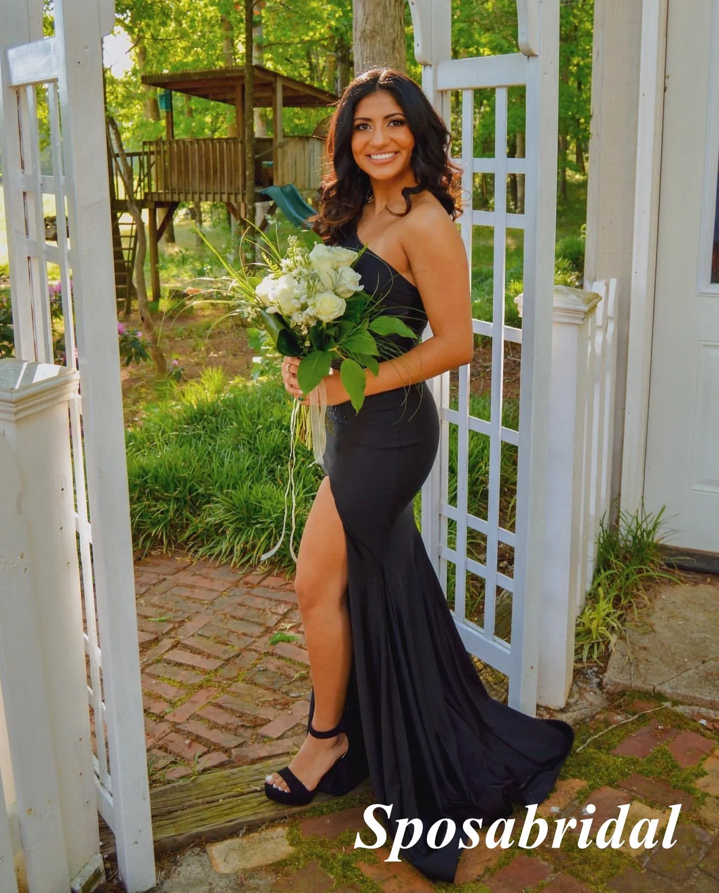 Sexy Black Satin One Shoulder Sleeveless Side Slit Mermaid Long Prom Dresses, PD3925