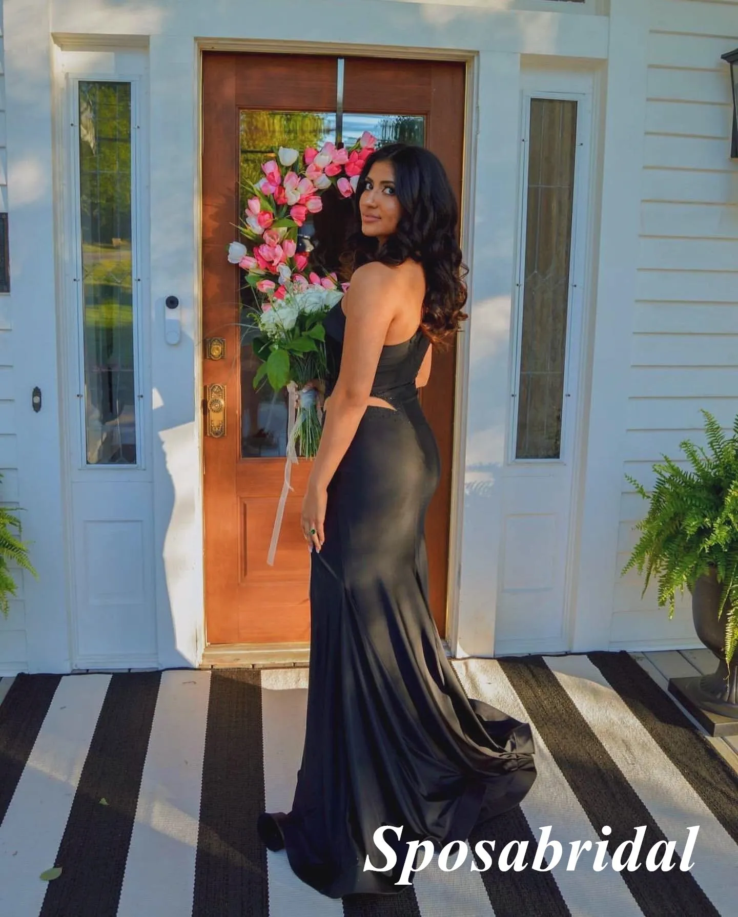 Sexy Black Satin One Shoulder Sleeveless Side Slit Mermaid Long Prom Dresses, PD3925