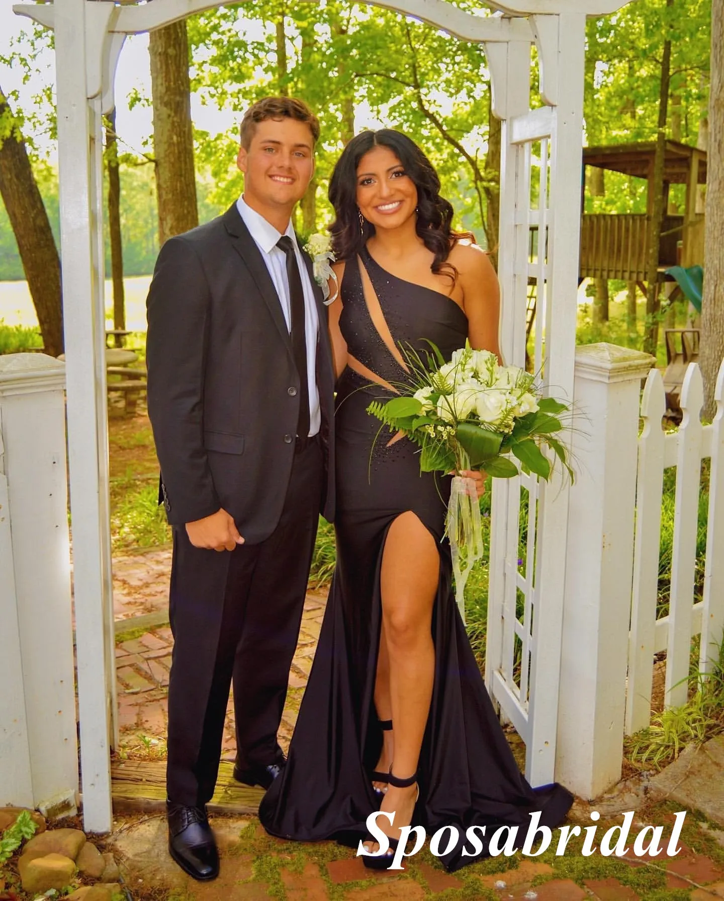 Sexy Black Satin One Shoulder Sleeveless Side Slit Mermaid Long Prom Dresses, PD3925