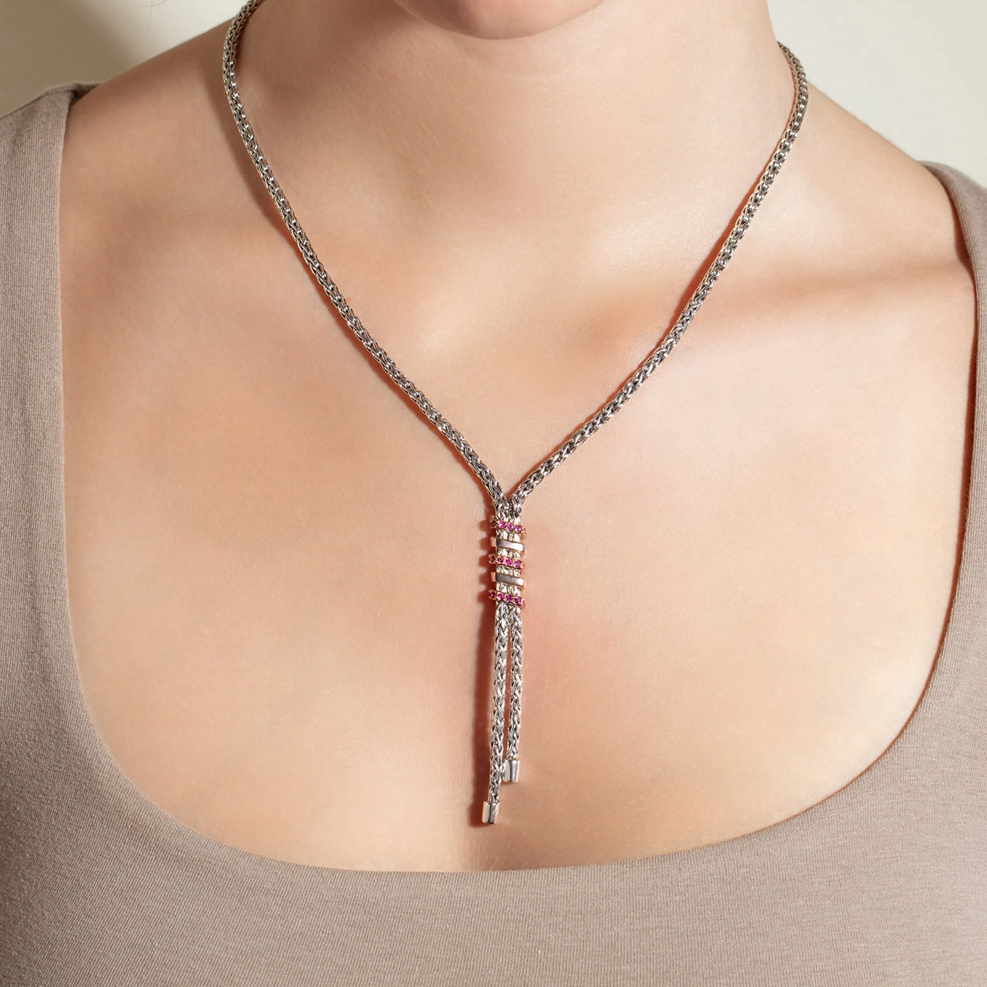 Silver Woven Spiral Lariat Necklace with Pink Sapphires