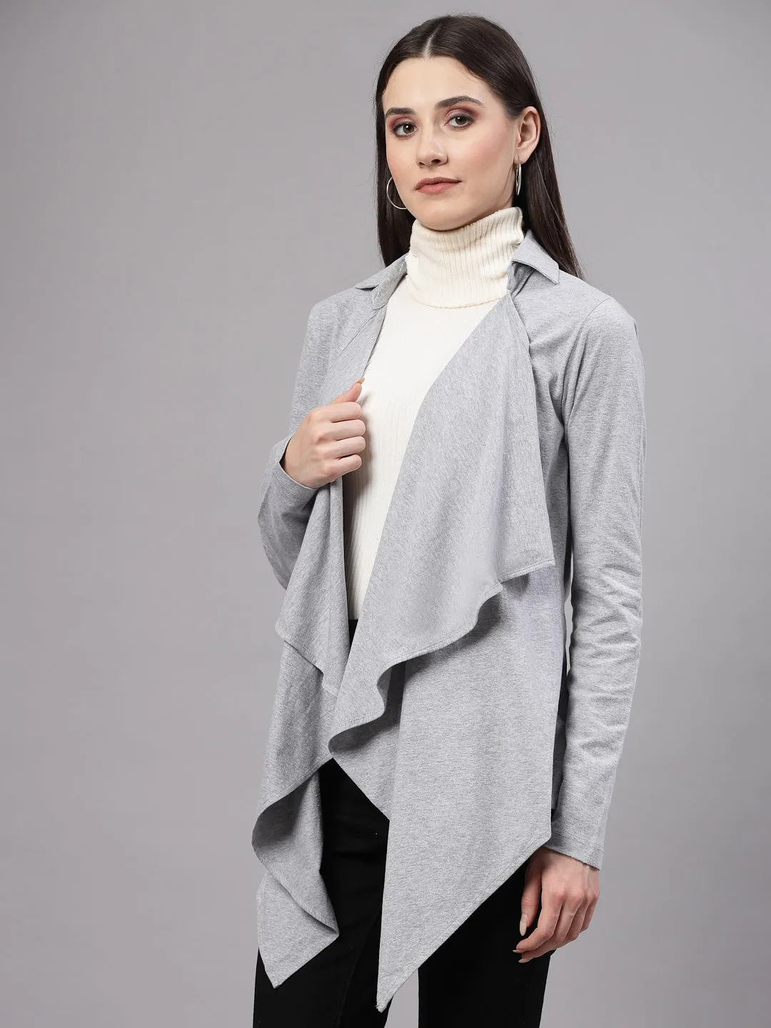 Style Quotient Women Solid Grey Melange Waterfall Shrug