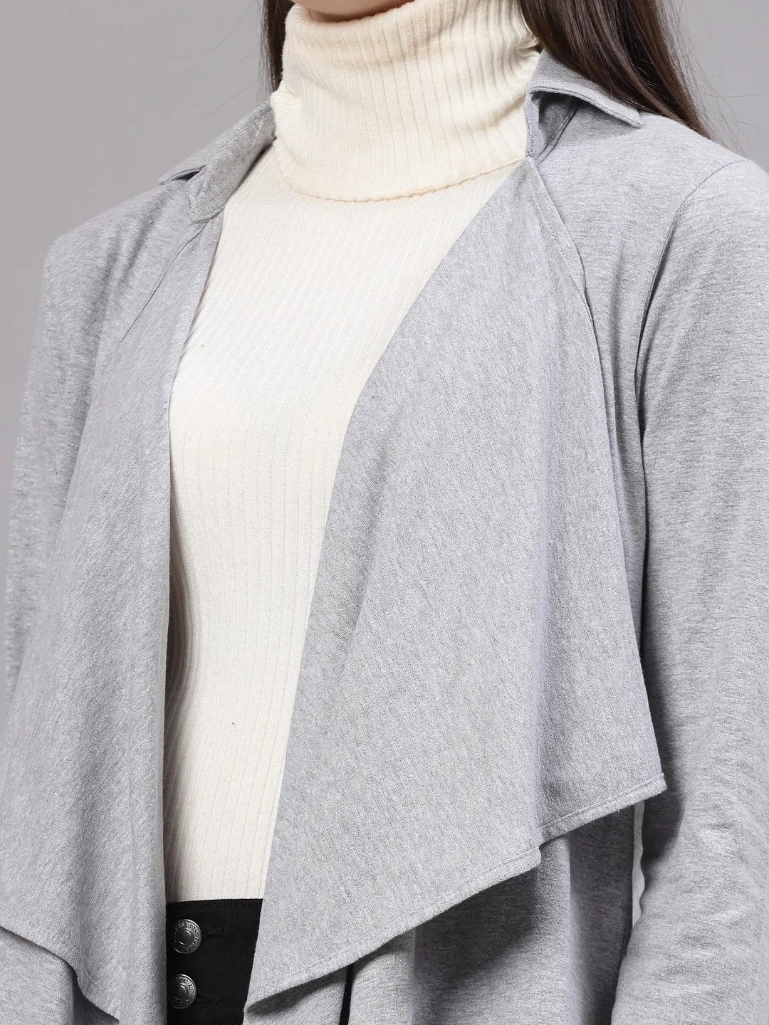 Style Quotient Women Solid Grey Melange Waterfall Shrug