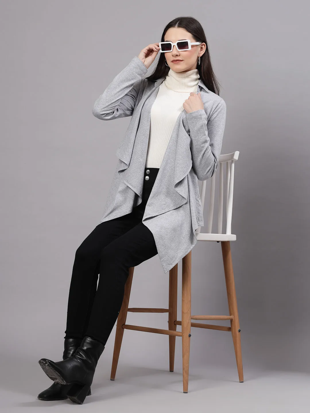Style Quotient Women Solid Grey Melange Waterfall Shrug