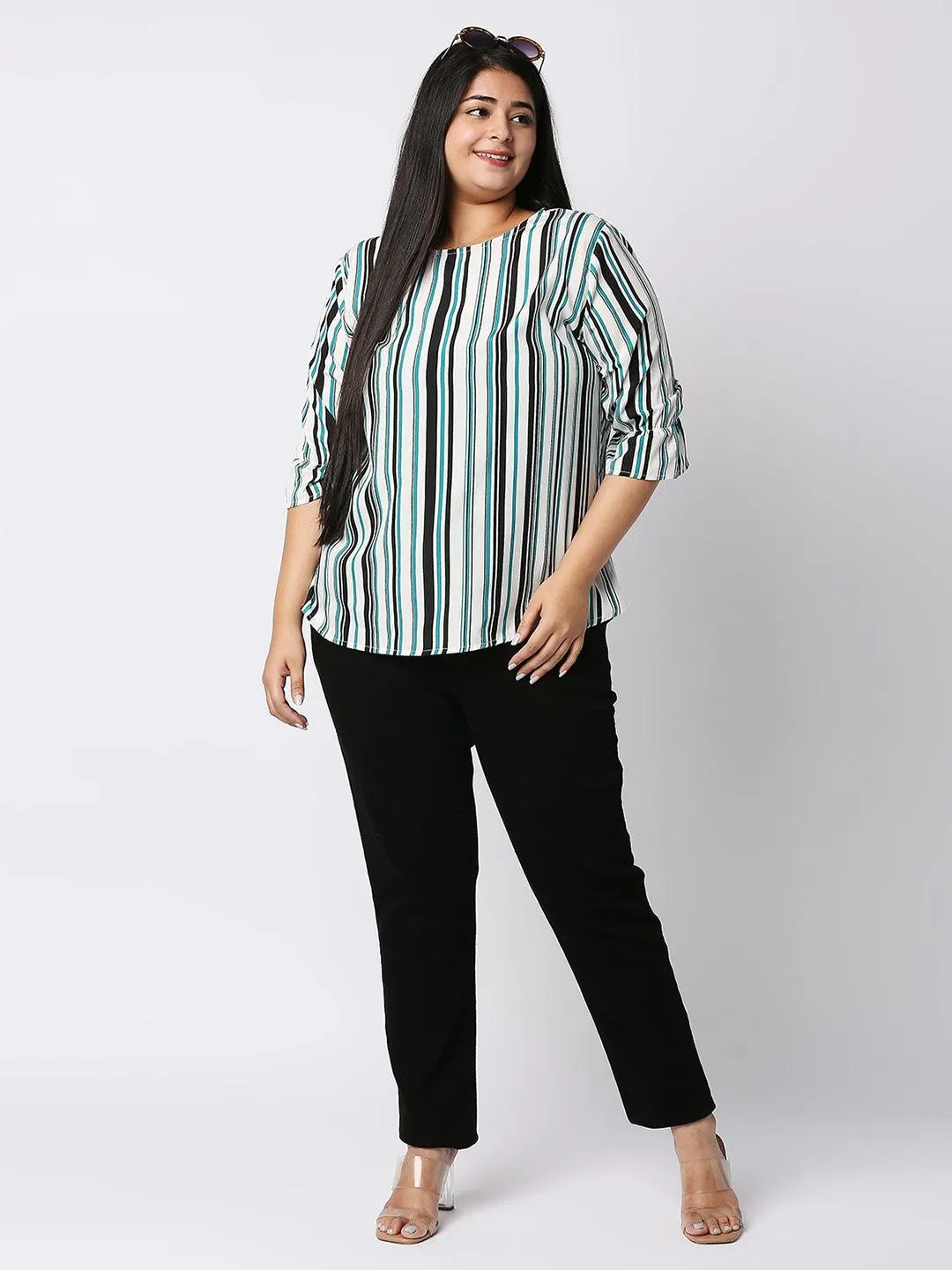 Style Quotient Women White and Multi Striped Polycrepe Regular Smart Casual Top