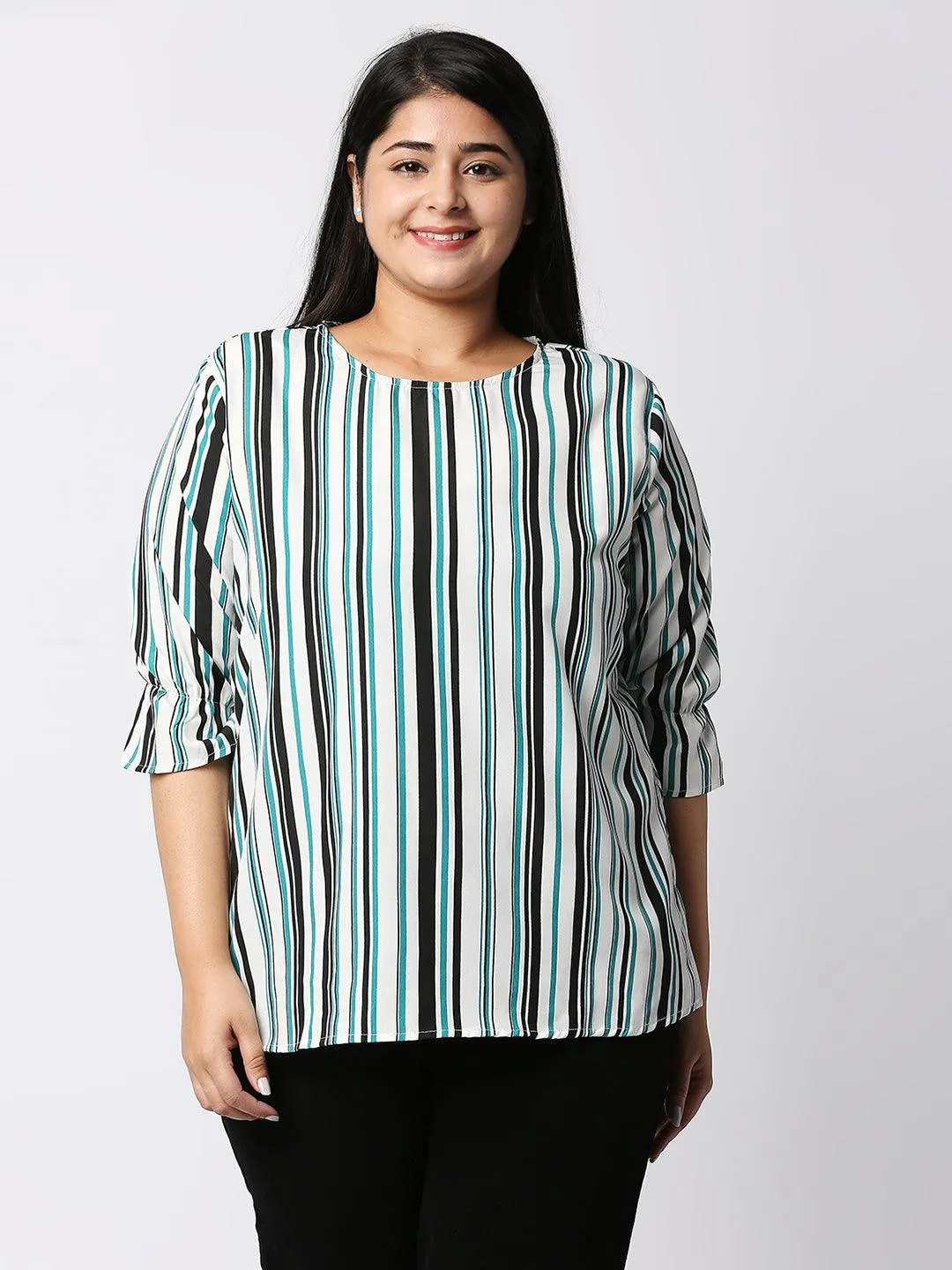 Style Quotient Women White and Multi Striped Polycrepe Regular Smart Casual Top