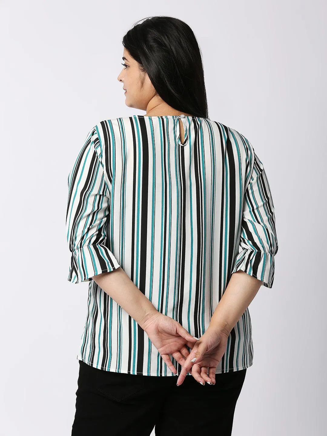 Style Quotient Women White and Multi Striped Polycrepe Regular Smart Casual Top