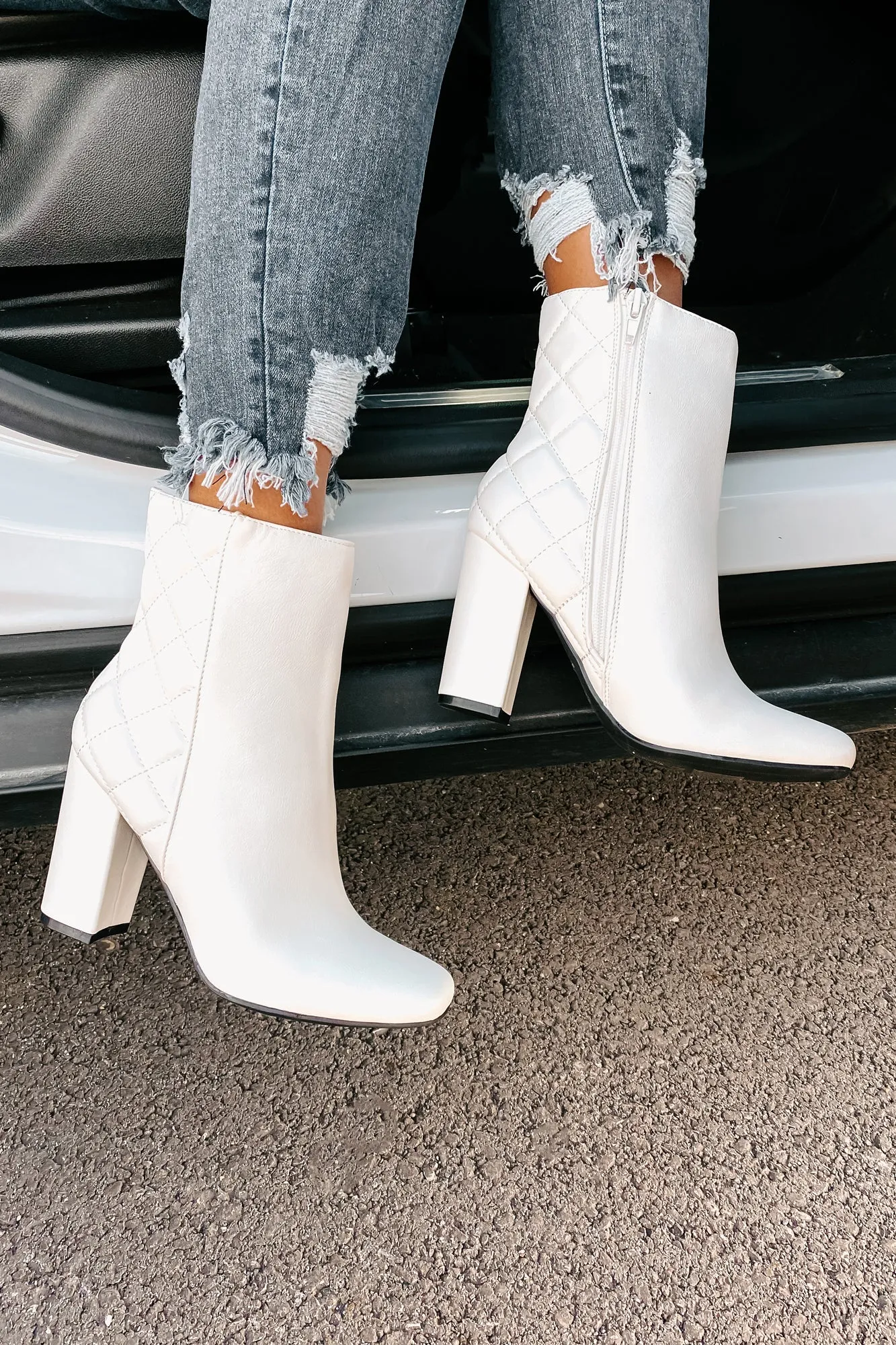 Subtle Steps Quilted Faux Leather Booties (White)