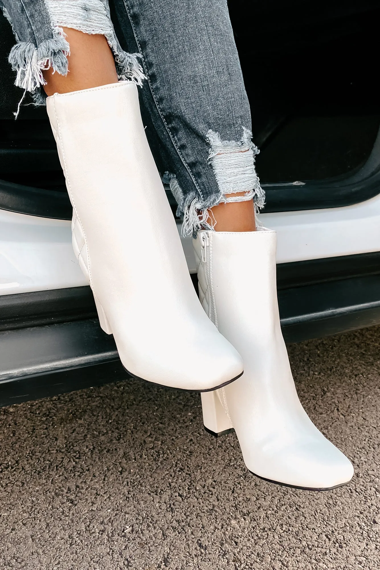 Subtle Steps Quilted Faux Leather Booties (White)