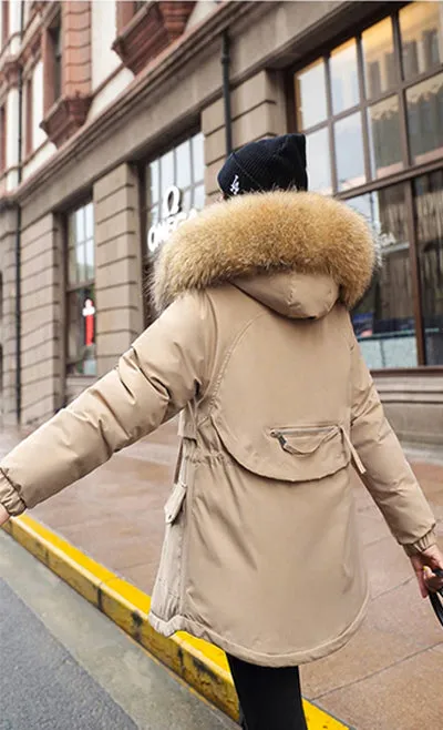 Super Soft and Comfy Faux Fur Hooded Trim Down Coat - KHAKI