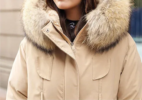 Super Soft and Comfy Faux Fur Hooded Trim Down Coat - KHAKI