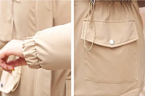 Super Soft and Comfy Faux Fur Hooded Trim Down Coat - KHAKI
