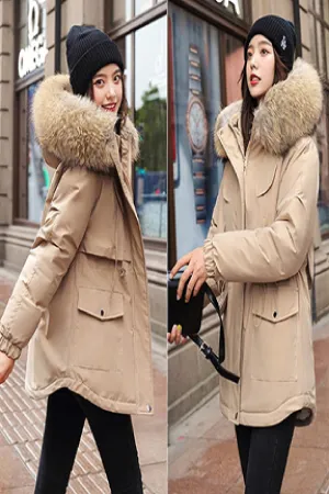 Super Soft and Comfy Faux Fur Hooded Trim Down Coat - KHAKI