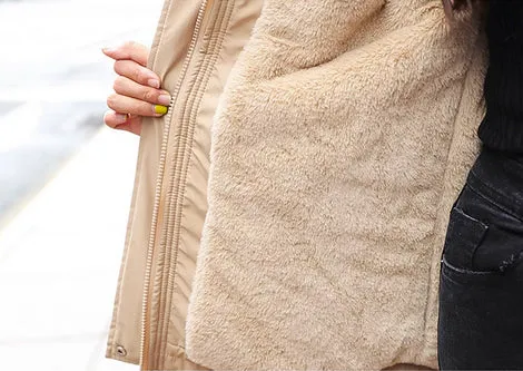 Super Soft and Comfy Faux Fur Hooded Trim Down Coat - KHAKI