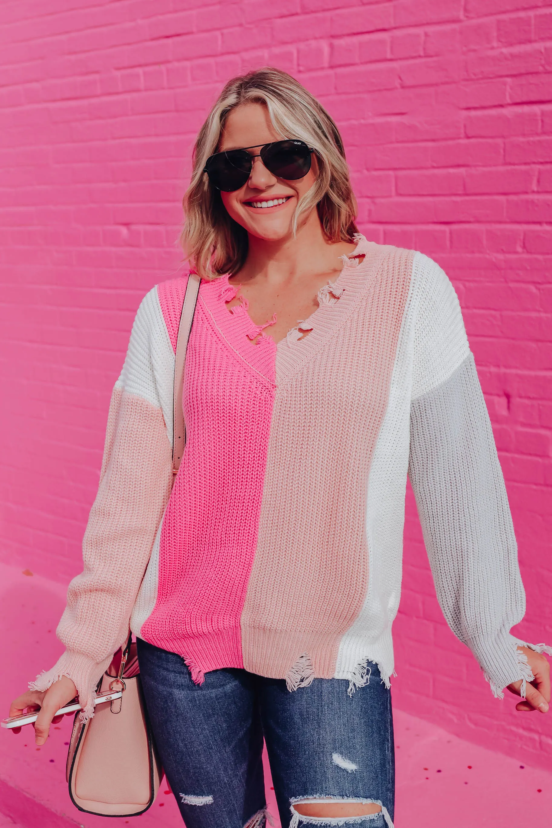 Sweetness Color Block Sweater - Fuchsia