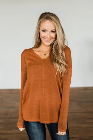The Best Part V-Neck Sweater- Dark Camel
