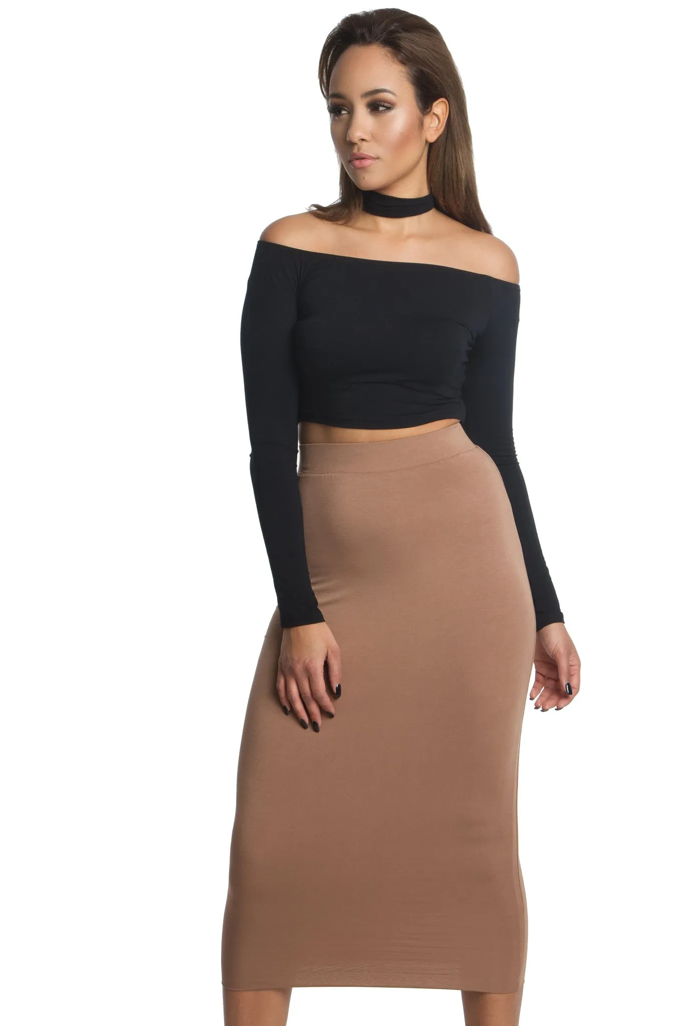 THE MYSTYLEMODE CAMEL DOUBLE LINED STRETCH HIGH WAISTED MIDI SKIRT