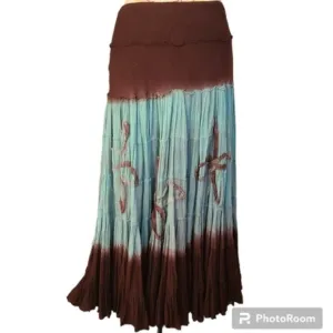 VINTAGE The ORIGINAL Size Small Bohemian Brown Green Gauze Broomstick Maxi Skirt