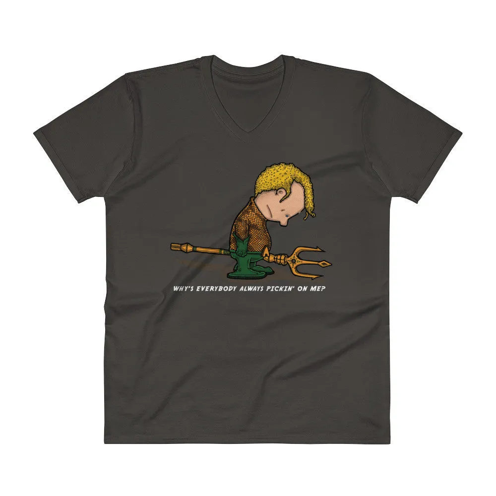 Why's Everybody Always Picking On Me? V-Neck Aquaman Charlie Brown Mash-Up T-Shirt