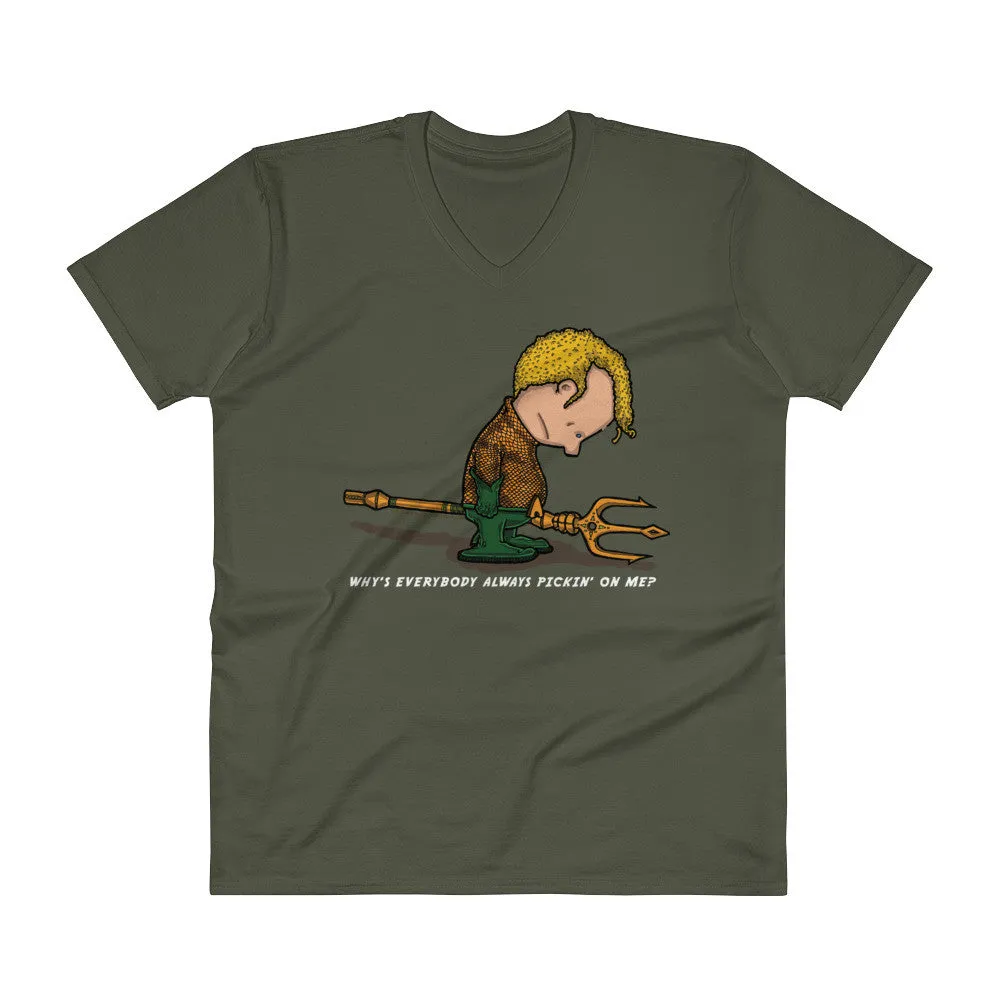Why's Everybody Always Picking On Me? V-Neck Aquaman Charlie Brown Mash-Up T-Shirt