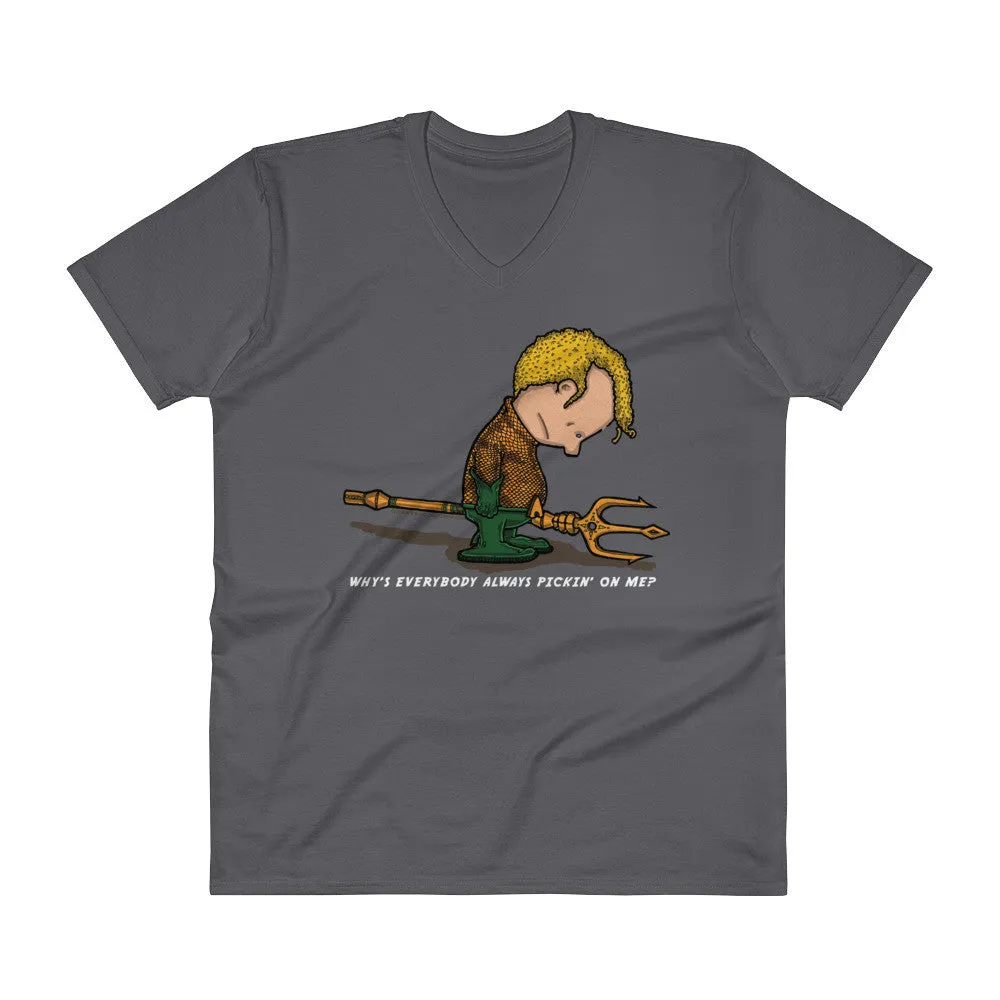 Why's Everybody Always Picking On Me? V-Neck Aquaman Charlie Brown Mash-Up T-Shirt