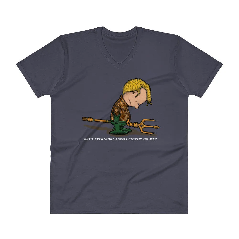 Why's Everybody Always Picking On Me? V-Neck Aquaman Charlie Brown Mash-Up T-Shirt