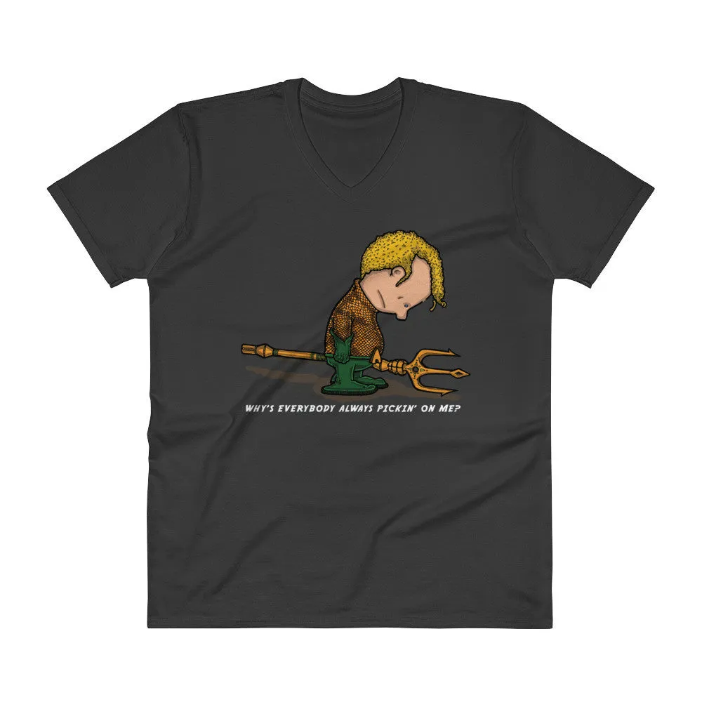 Why's Everybody Always Picking On Me? V-Neck Aquaman Charlie Brown Mash-Up T-Shirt