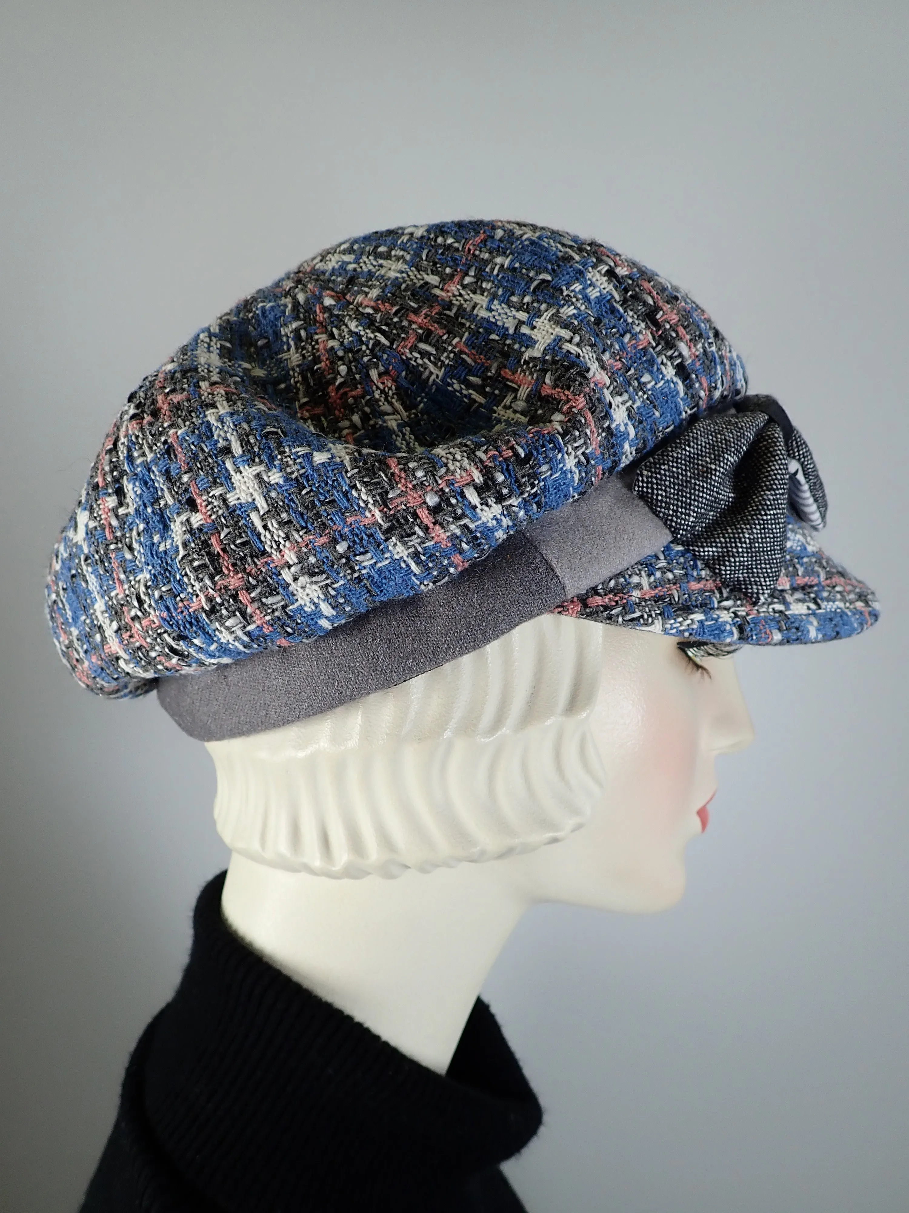 Womens Blue pink plaid Hat. Soft Newsboy Hat. Slouchy Newsboy Cap. Ladies Winter Hat. Sustainable fashion hat. Striking Eco friendly hat.