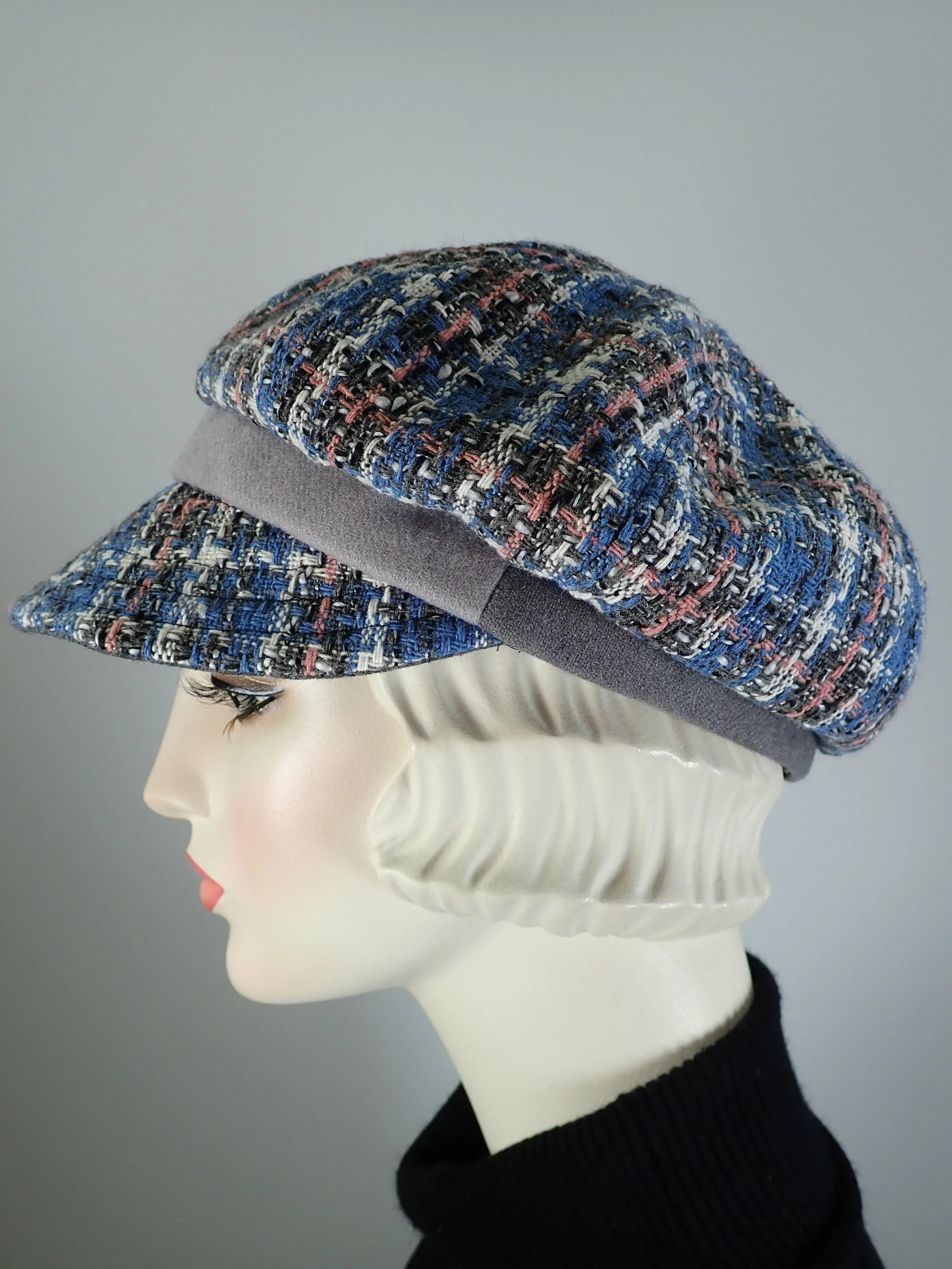 Womens Blue pink plaid Hat. Soft Newsboy Hat. Slouchy Newsboy Cap. Ladies Winter Hat. Sustainable fashion hat. Striking Eco friendly hat.