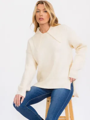 WOMEN'S LONG SLEEVE COLLAR HIGH-LOW PULLOVER SWEATER