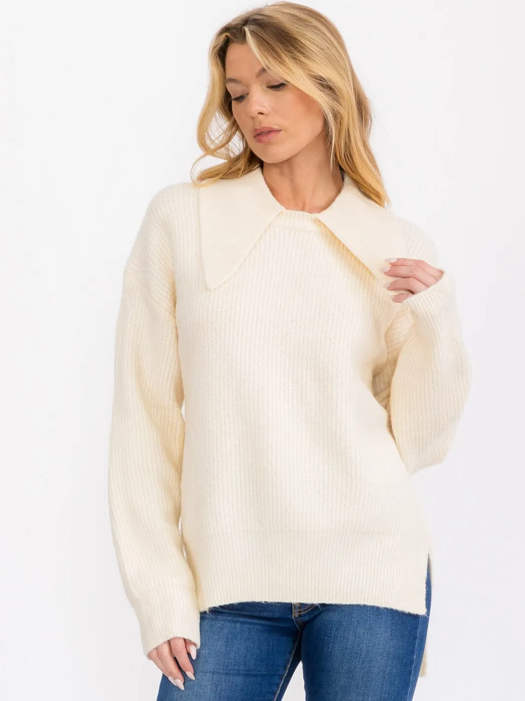 WOMEN'S LONG SLEEVE COLLAR HIGH-LOW PULLOVER SWEATER