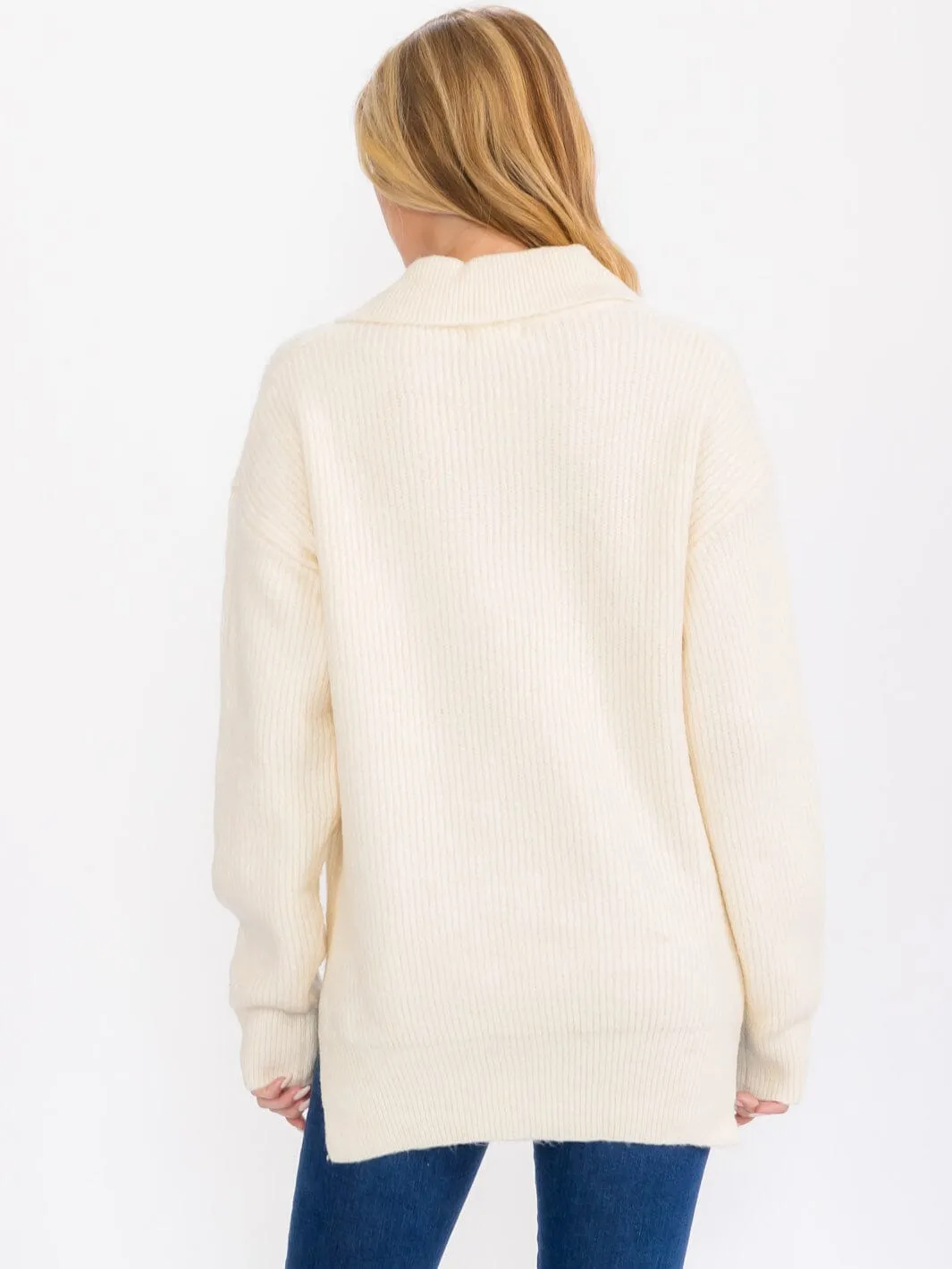 WOMEN'S LONG SLEEVE COLLAR HIGH-LOW PULLOVER SWEATER