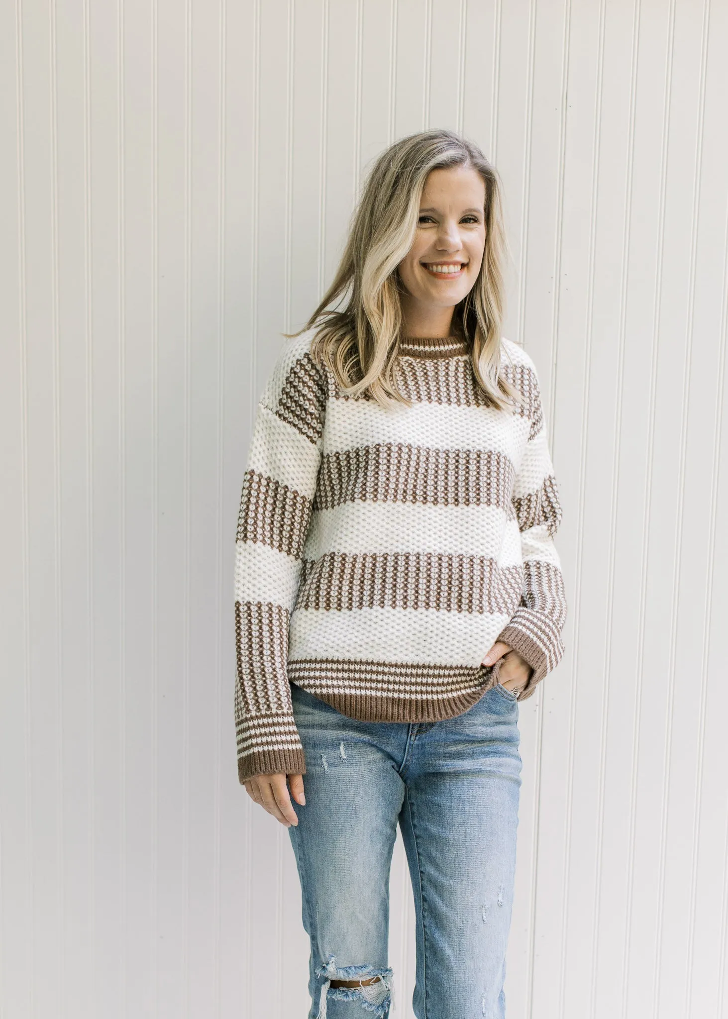 X Mocha and White Textured Sweater