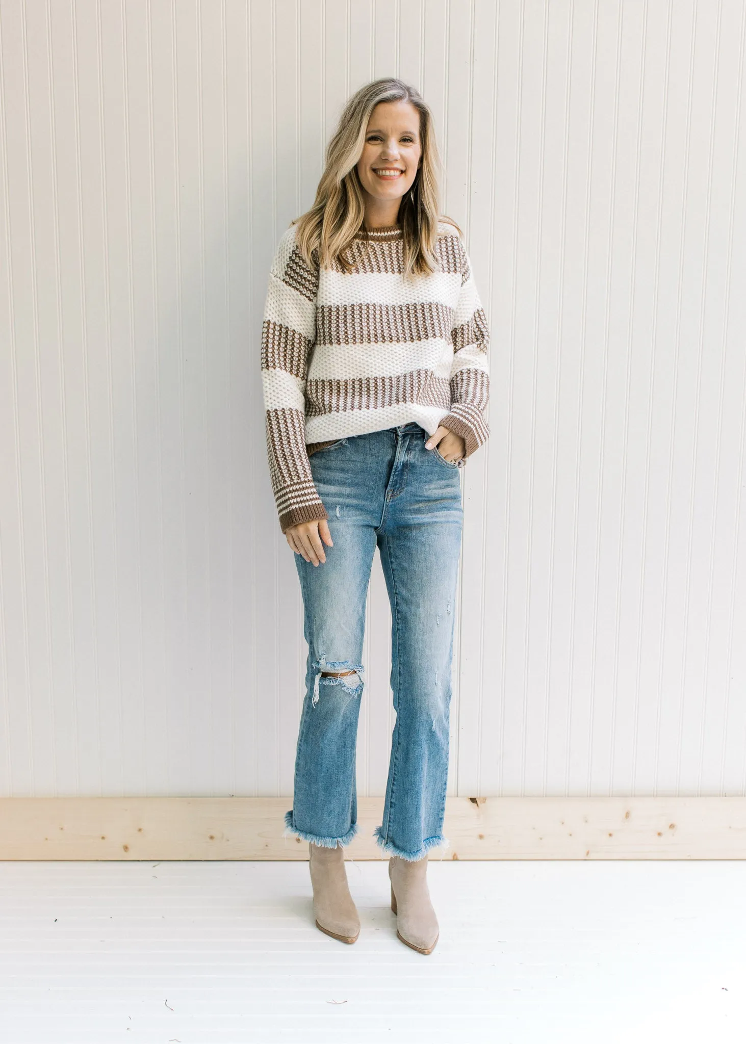 X Mocha and White Textured Sweater