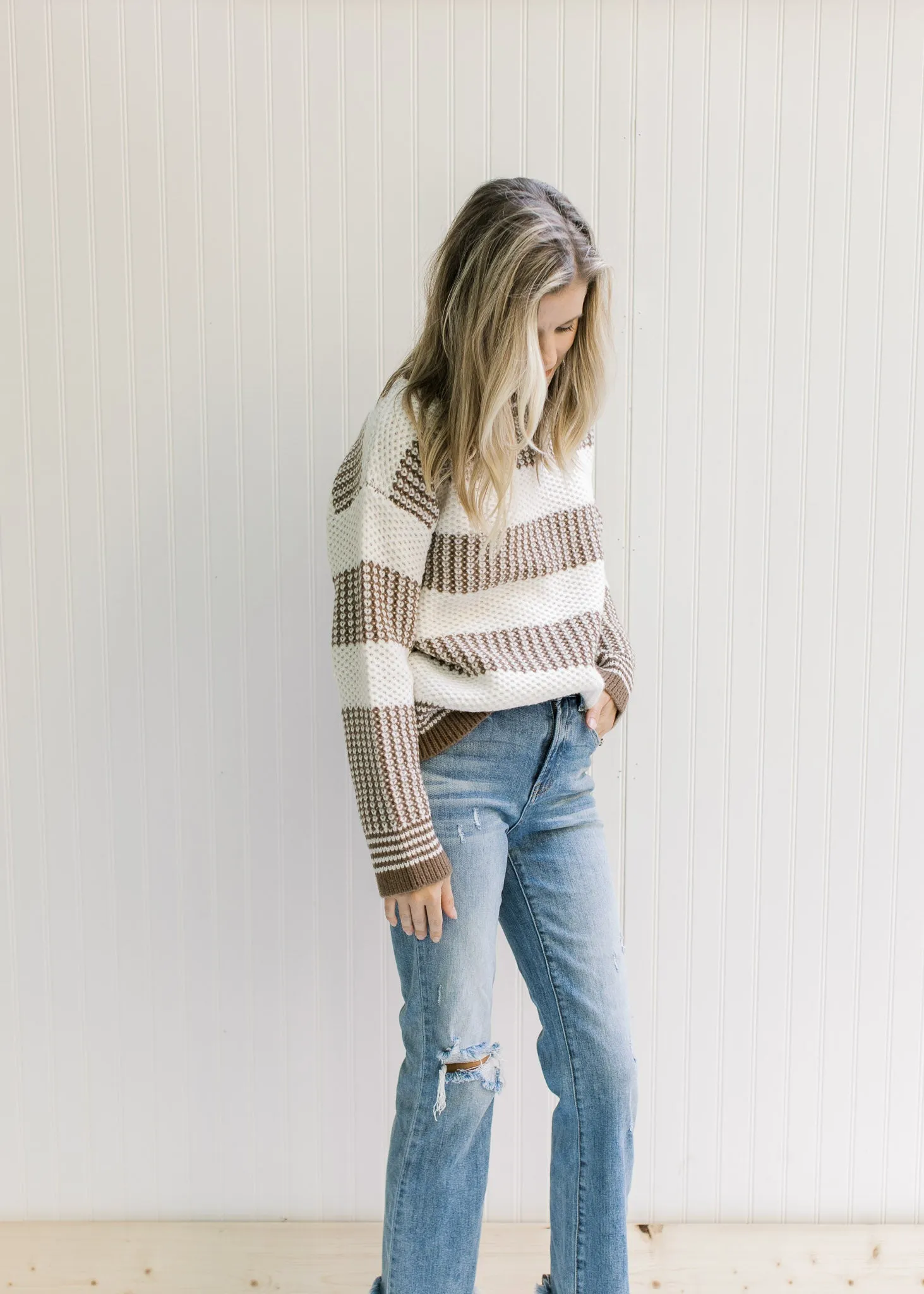 X Mocha and White Textured Sweater
